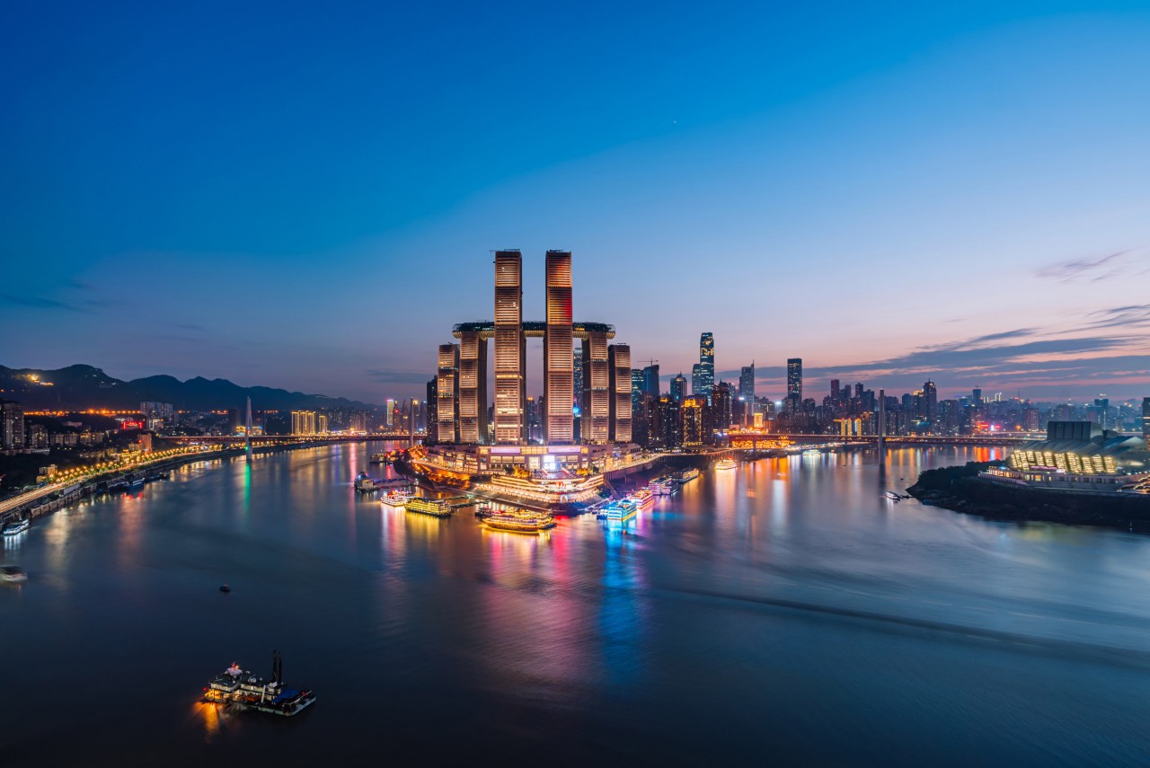High angle night scenery of Chaotianmen Wharf, Chongqing, China