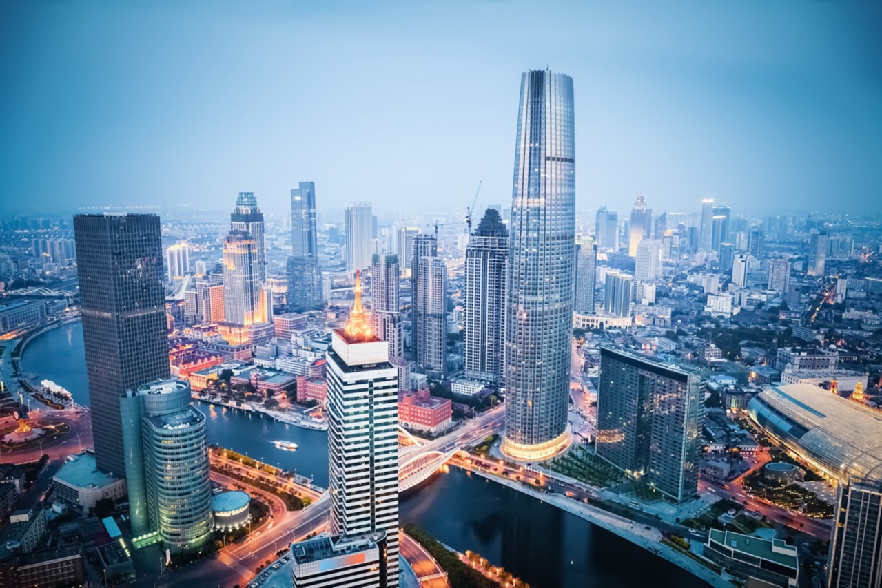 aerial view of tianjin financial district in nightfall, china